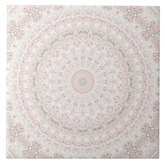 Pastel Pink and Green Mandala Pattern Design Tile (Front)