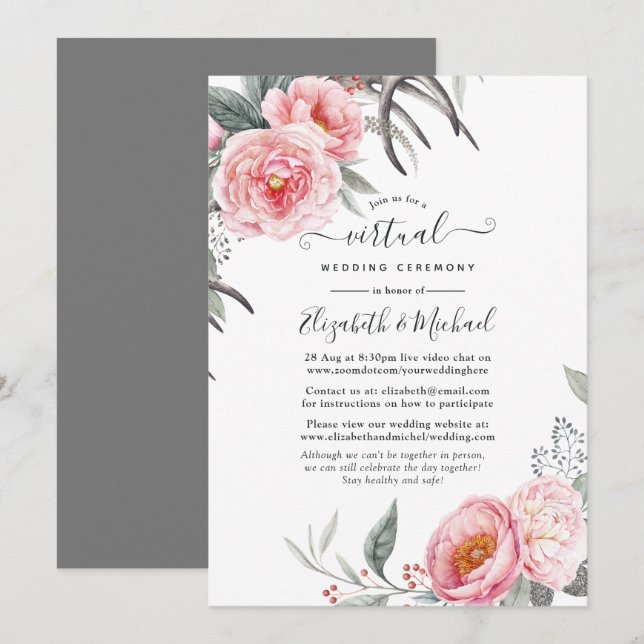 Pastel Pink and Grey Boho Floral Virtual Wedding Invitation (Front/Back)