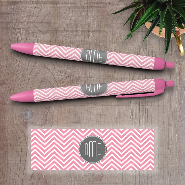 Pastel Pink and Grey Chevron Pattern Monogram Black Ink Pen (Custom Pen - Personalize this writing pen with photos, your name, monogram or other text)