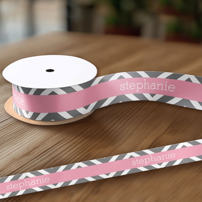 Pastel Pink and Grey Chevrons Custom Name Satin Ribbon (Custom Ribbon - add your personalized text)