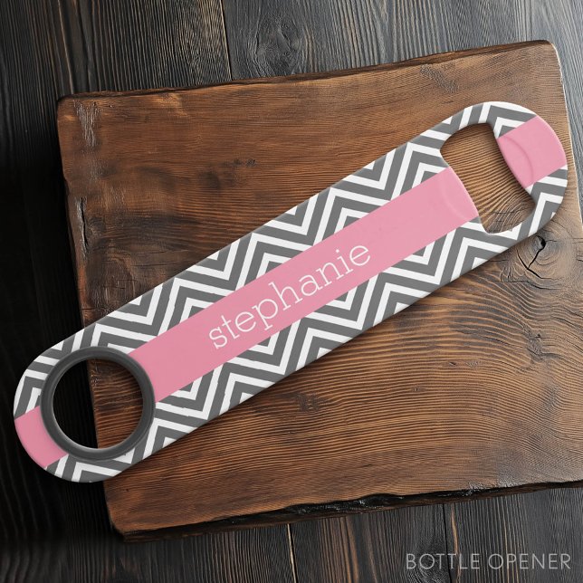 Pastel Pink and Grey Chevrons Custom Name Speed Bottle Opener (Custom Bar Key)