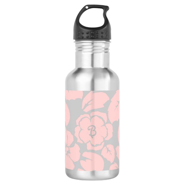 Pastel Pink and Grey Floral Monogram 532 Ml Water Bottle (Front)