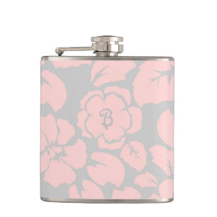 Pastel Pink and Grey Floral Monogram Hip Flask