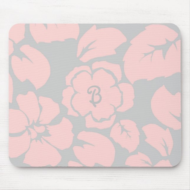 Pastel Pink and Grey Floral Monogram Mouse Pad (Front)
