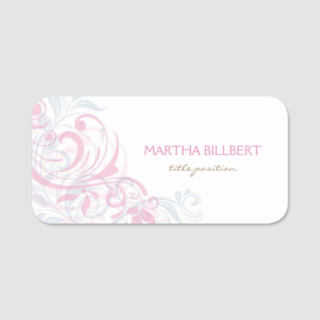 Pastel Pink And Grey Flowers Name Tag (Front)