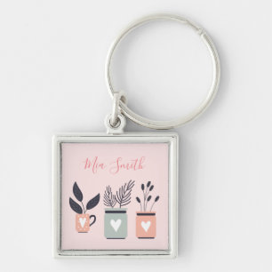 Pastel pink and grey modern pot plants keychain