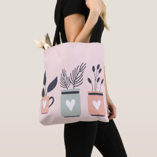 Pastel pink and grey modern pot plants tote bag