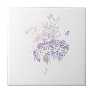 Pastel Pink and Lavender Wildflower Butterfly Tile