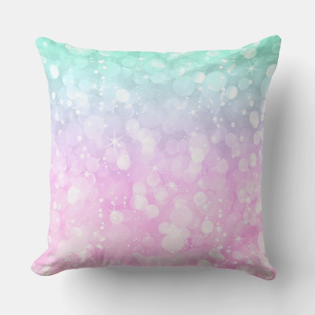 Pastel pink and mint-green glam bokeh glitter throw pillow (Front)