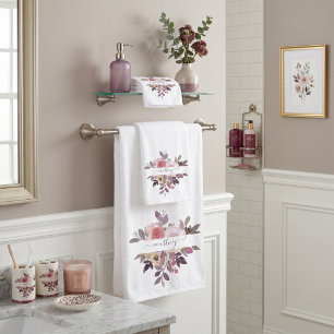 Pastel pink and purple floral personalized   bath towel set