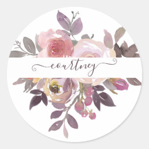 Pastel pink and purple floral personalized classic round sticker