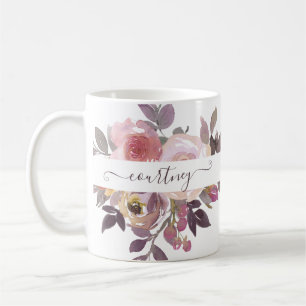 Pastel pink and purple floral personalized coffee mug