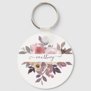 Pastel pink and purple floral personalized keychain