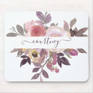 Pastel pink and purple floral personalized mouse pad