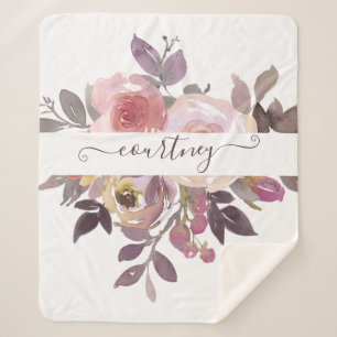 Pastel pink and purple floral personalized   sherpa blanket