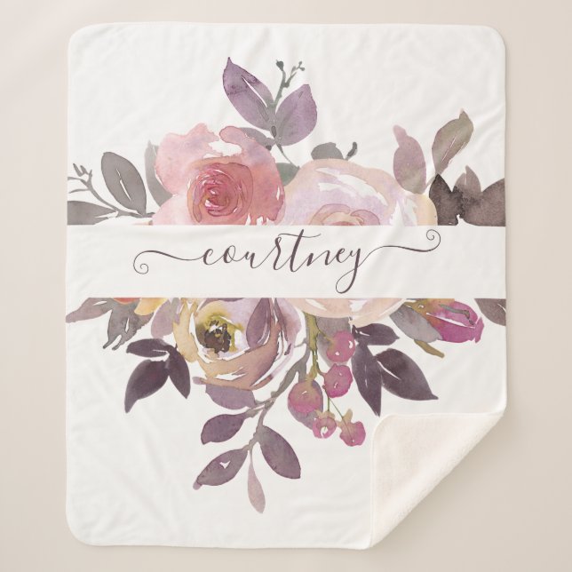 Pastel pink and purple floral personalized   sherpa blanket (Front)