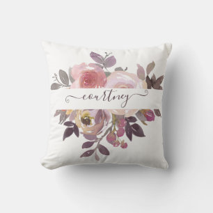 Pastel pink and purple floral personalized throw pillow
