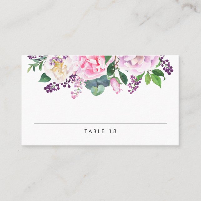 Pastel Pink and Purple Peonies Floral Wedding Place Card (Front)