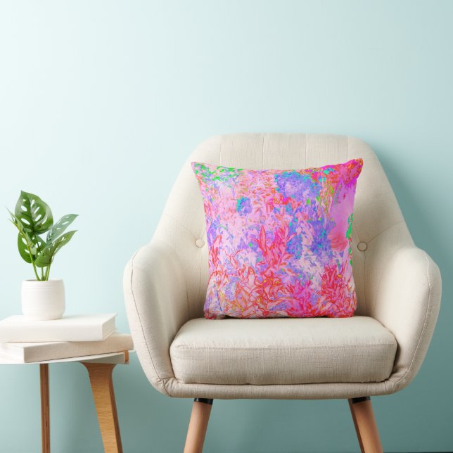 Pastel Pink and Red with Blue Hydrangea Landscape Throw Pillow (Chair)