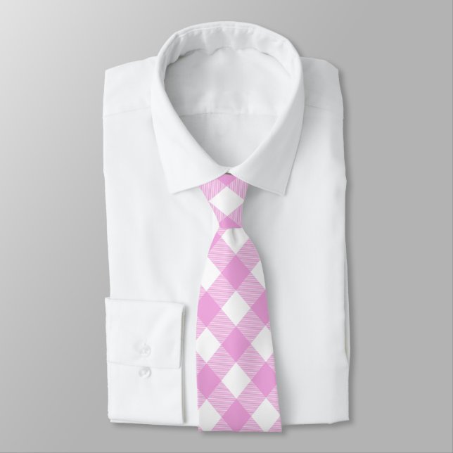 Pastel Pink and White Angled Plaid Tie (Tied)