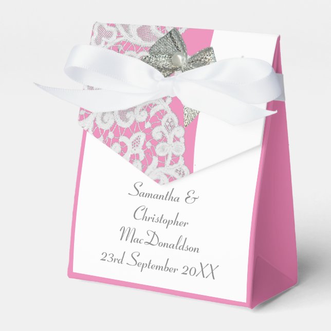 Pastel pink and white damask lace wedding favor box (Front Side)