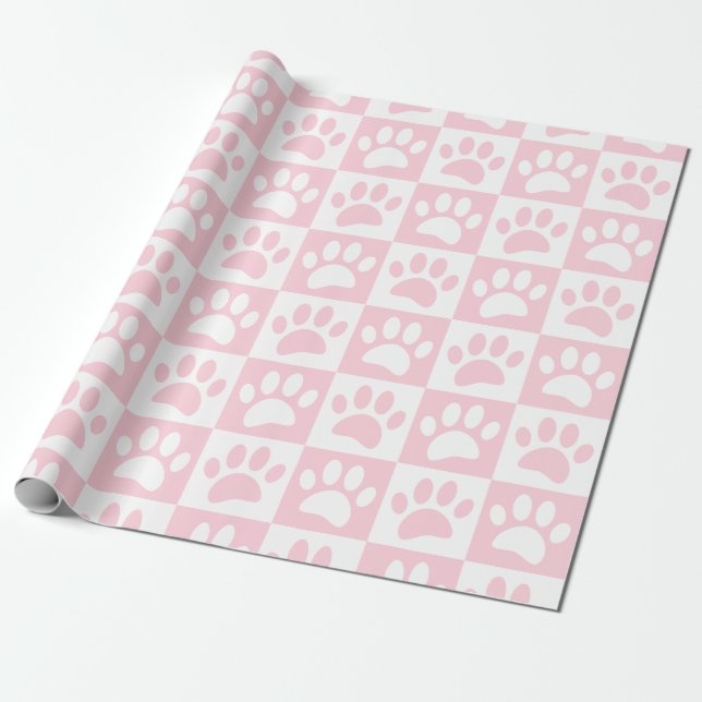 Pastel Pink And White Dog Paws In Squares Custom Wrapping Paper (Unrolled)