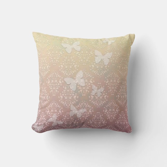 Pastel Pink and Yellow Butterflies Damask Pattern Throw Pillow (Front)