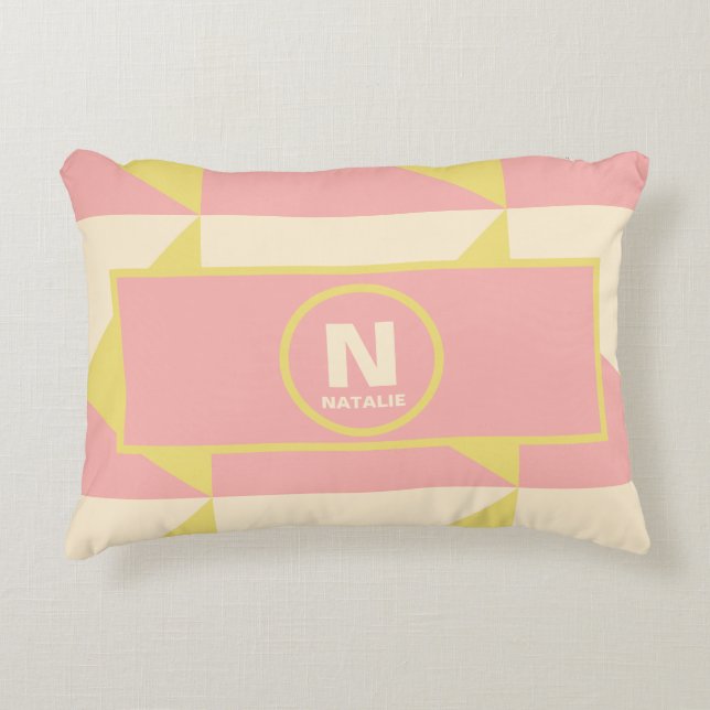 Pastel Pink and Yellow Shapes with Monogram Name Accent Pillow (Front)