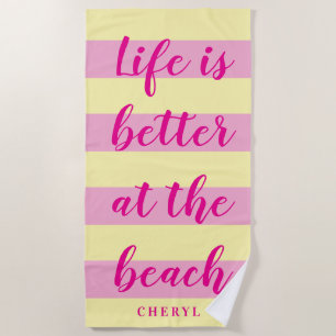 Pastel pink and yellow stripes personalized summer beach towel