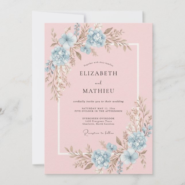 Pastel Pink Azure Ranunculus Eucalyptus Wedding Invitation (Front)