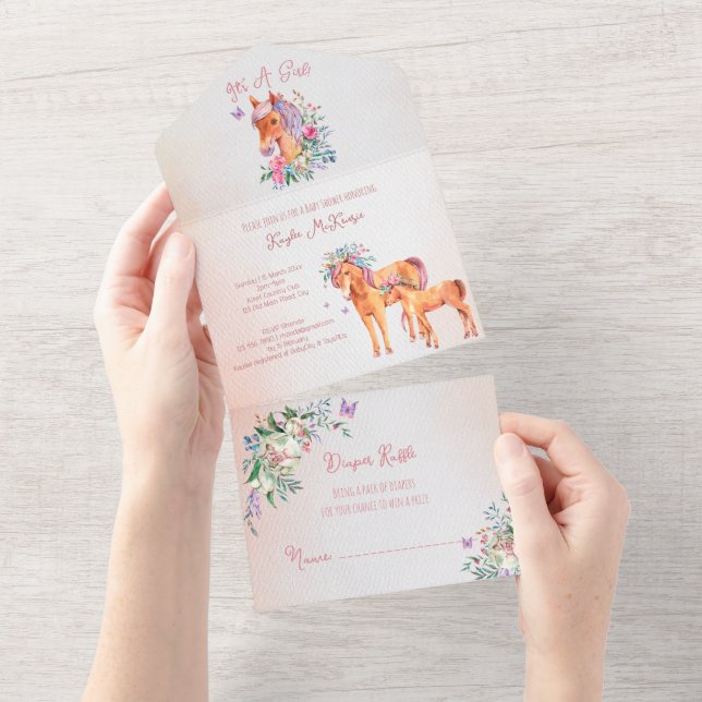 Pastel pink baby horse all in one baby shower all in one invitation (Tearaway)