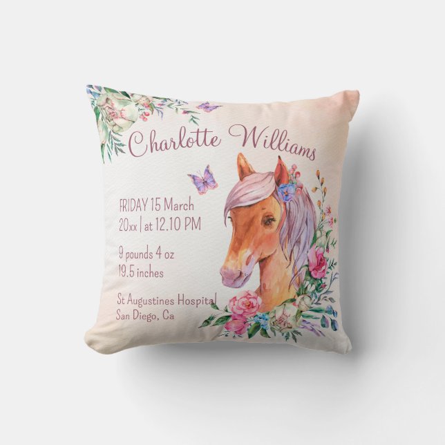 Pastel pink baby horse pony baby birth stats throw pillow (Front)