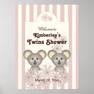 Pastel Pink Baby Koala Twin Girl Party Welcome Poster