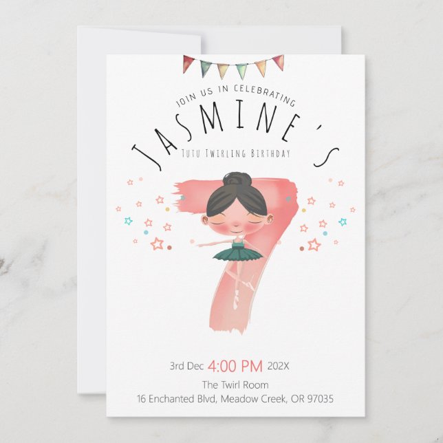 Pastel Pink Ballet Girl 7th Birthday Invitation (Front)