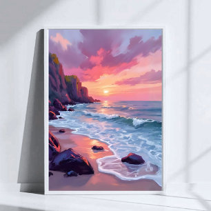 Pastel Pink Beach Sunset Ocean Waves Watercolor Poster