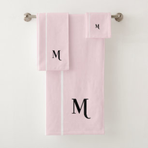 Pastel Pink Black Monogram White Racing Stripes Bath Towel Set
