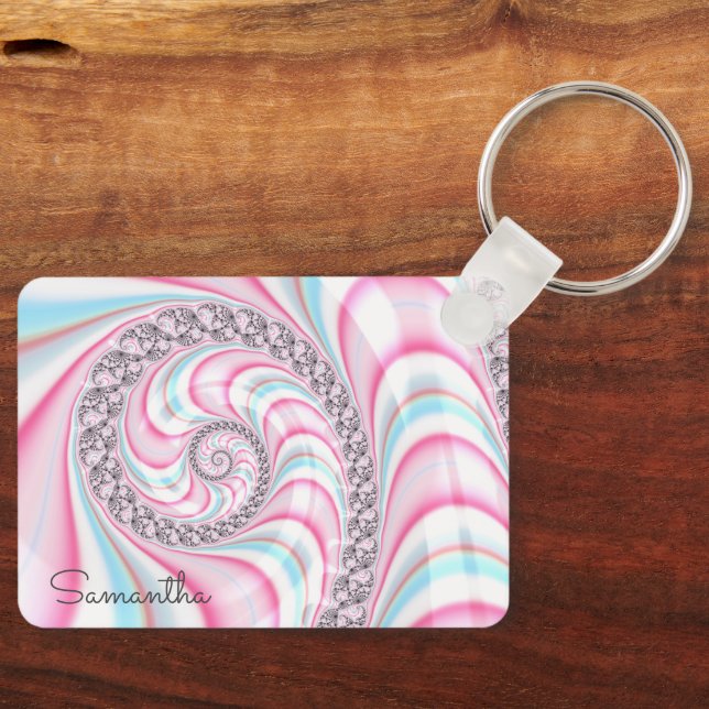 Pastel Pink Blue Candy Cane Spiral Fractal Keychain (Front)