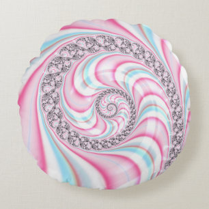 Pastel Pink Blue Candy Cane Spiral Fractal Round Pillow
