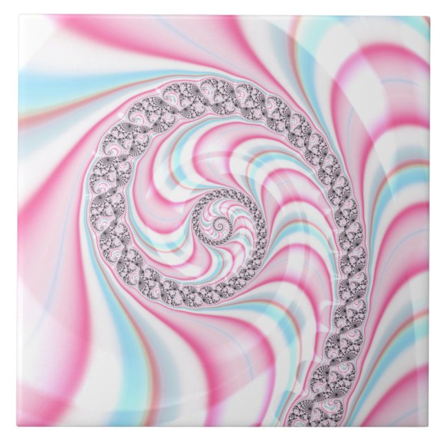 Pastel Pink Blue Candy Cane Spiral Fractal Tile (Front)