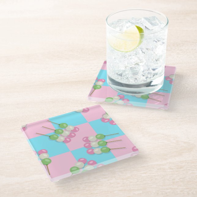 Pastel Pink Blue Chequered Dango Coaster (Angled)