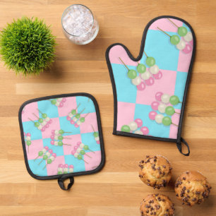 Pastel Pink Blue Chequered Dango Oven Mitt & Pot Holder Set