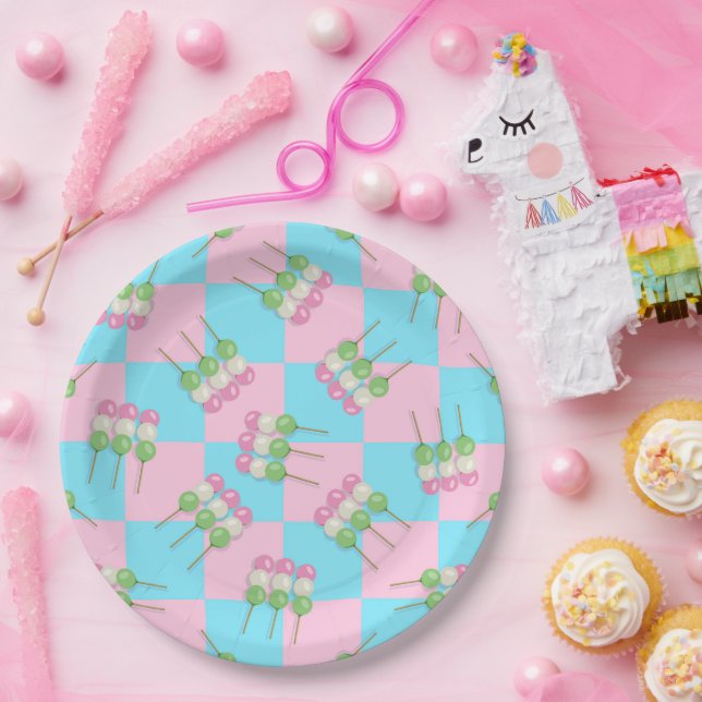 Pastel Pink Blue Chequered Dango Paper Plate (Party)