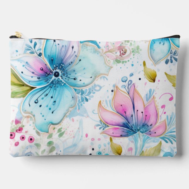 Pastel Pink & Blue Floral Accessory Pouch (Front)
