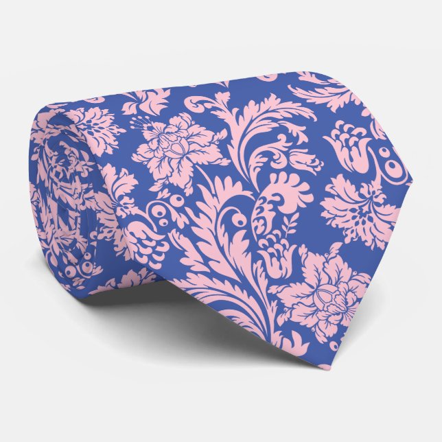 Pastel Pink & Blue Floral Damask Pattern Tie (Rolled)