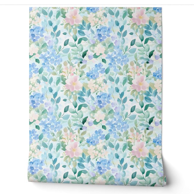 Pastel Pink Blue Floral Pattern  Wallpaper (Unrolling)