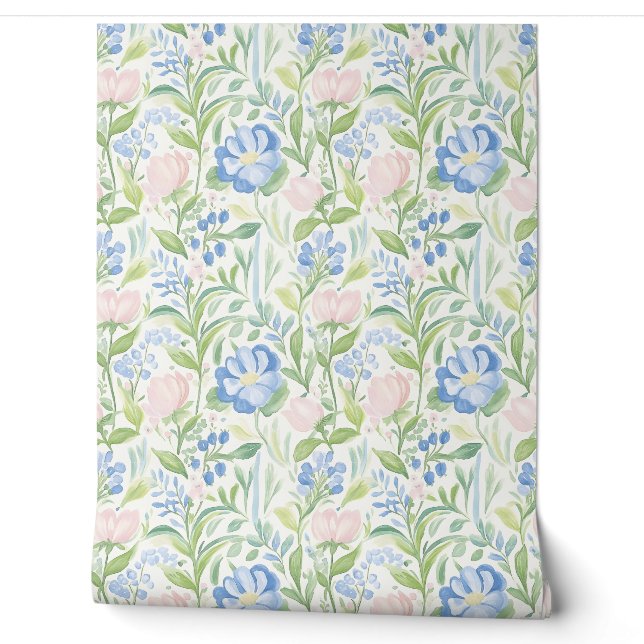 Pastel Pink Blue Floral Pattern  Wallpaper (Unrolling)