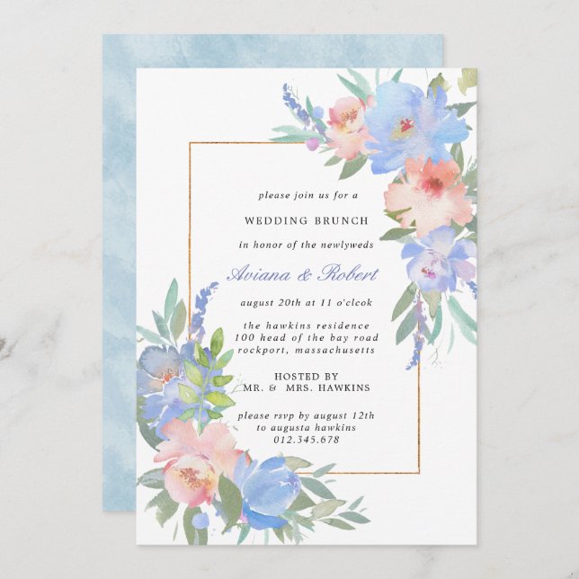 Pastel Pink Blue Floral Wedding Brunch Invitation (Front/Back)