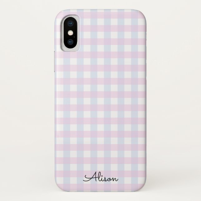 Pastel Pink Blue Gingham Personalized Phone Case (Back)