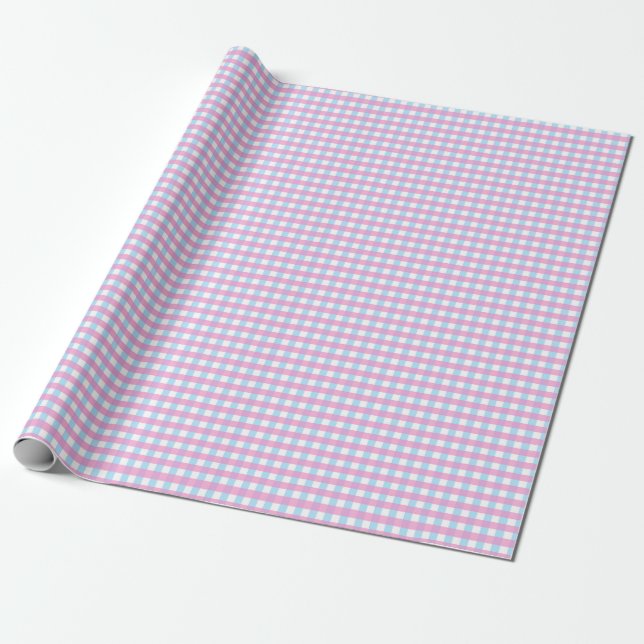 Pastel Pink Blue Gingham Plaid Check Wrapping Paper (Unrolled)