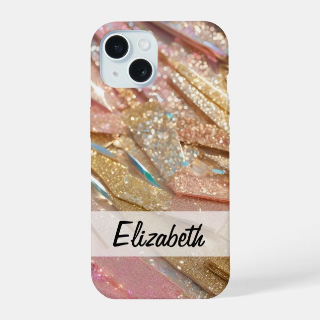 Pastel Pink Blue Gold Glitter iPhone 15 Case (Back)